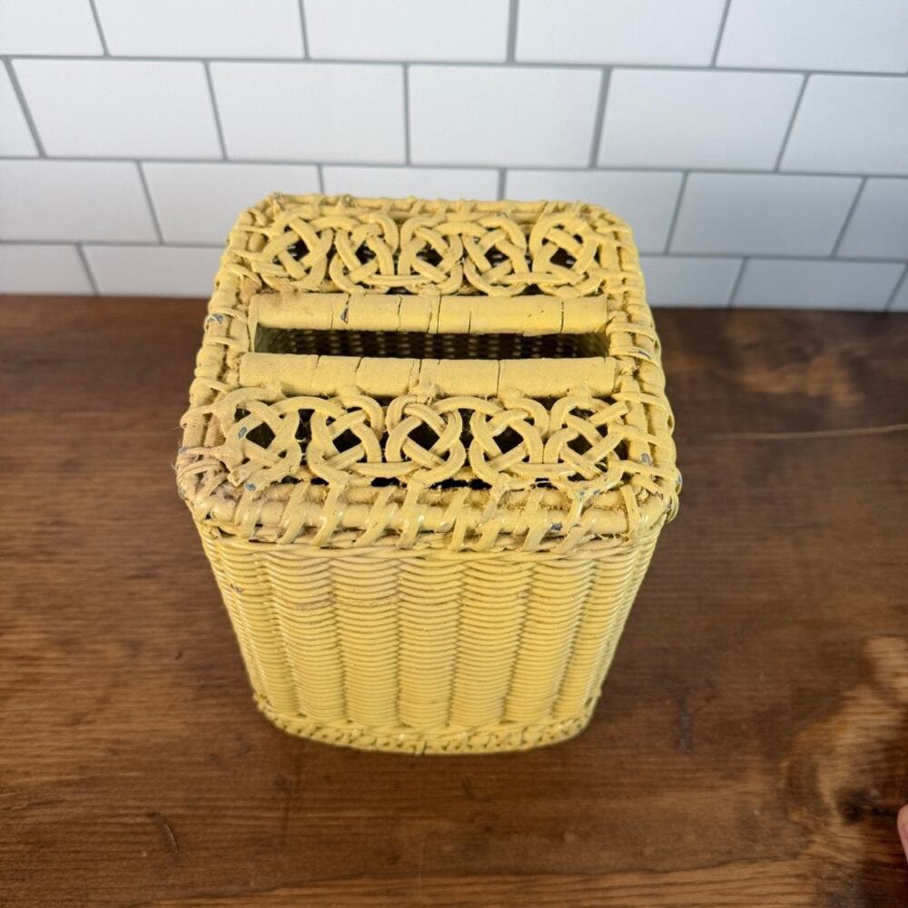 Vintage 1970s Yellow Woven Wicker Tissue Box Cover Boho Openwork Top
